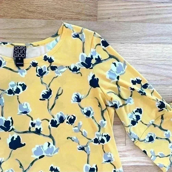 Clara Sun Woo Bright Floral Tie Sleeve Side Slit Tunic Wrinkle Free Size Medium - Picture 2 of 11